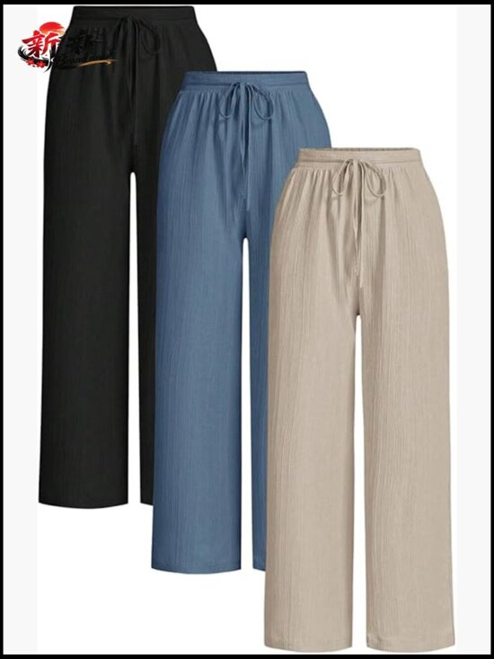 Pants - 3 Pack Textured Drawstring High Waisted Wide Leg Travel Pants with Pocket